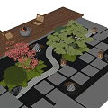 Garden Courtyard Design Featuring Wooden Deck Fire Pit Chairs Stone Tiles Greenery And Decorative Lanterns