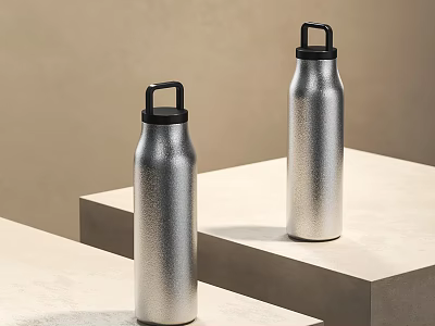 Silver Stainless Steel Water Bottles With Black Lids And Carry Handles On Beige Stepped Platforms 3d model