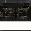 Luxurious Restaurant Interior With Arched Windows Golden Decor And Dining Tables 3d model