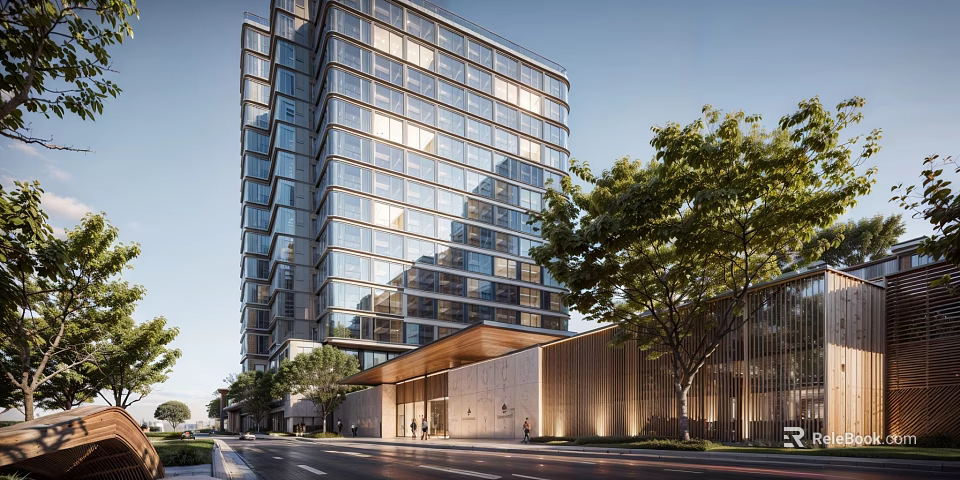 Modern Hotel Building With Glass Facade And Surrounding Trees On Urban Street 3d model 