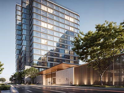 Modern Hotel Building With Glass Facade And Surrounding Trees On Urban Street 3d model