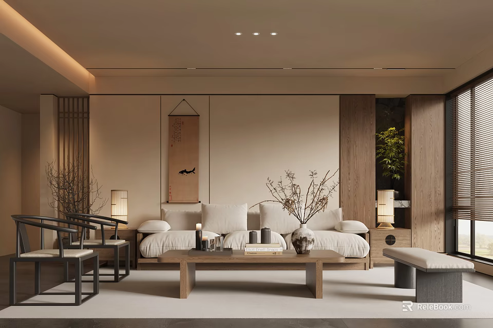 Minimalist Beige Living Room Interior with Wooden Coffee Table Decorative Painting and Recessed Lighting 3d model 