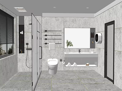 Modern Bathroom With Gray Walls Glass Door Shower Vanity Mirror And Blinds 3d model