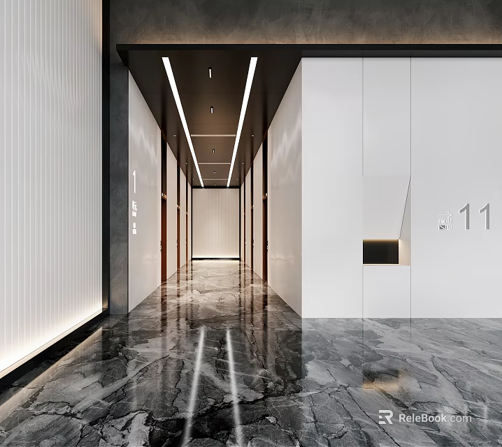 Modern Elevator Hallway Design With Marble Floor White Walls And Linear Lighting 3d model 