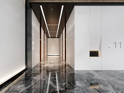 Modern Elevator Hallway Design With Marble Floor White Walls And Linear Lighting 3d model