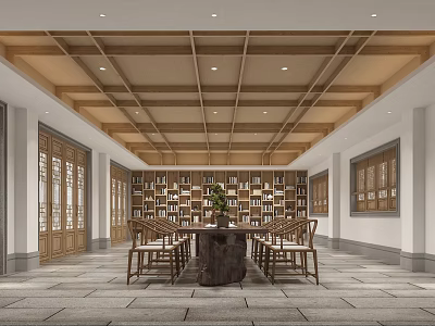 Traditional Chinese Meeting Room With Round Table Wooden Chairs And Bookshelves 3d model
