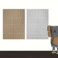 Cartoon Figure With Crossed Eyes Next To Textured Beige And Gray Abstract Paintings