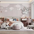 Whimsical Kids Room Interior With Cloud Wallpaper Moon Decor Stuffed Toys And Pink Chair