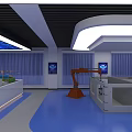 Modern Exhibition Hall Interior With Blue Flooring White Ceiling Display Screens And Counters