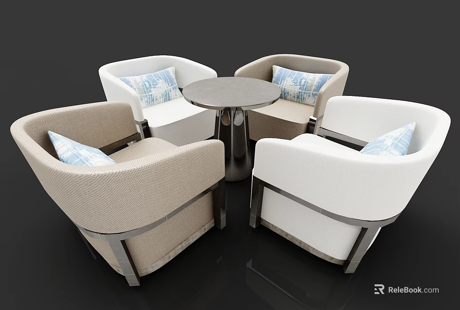 Modern Dining Set With Round Table Four Upholstered Chairs And Decorative Cushions 3d model