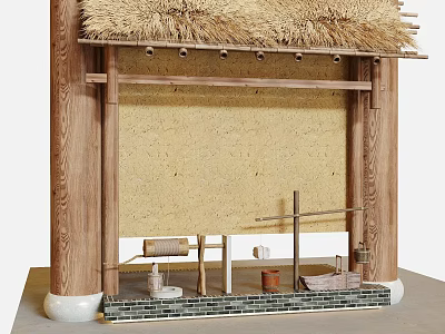 Traditional Japanese Garden Ornament With Thatched Roof Wooden Structure Bamboo Curtain And Stone Base 3d model