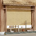 Traditional Japanese Garden Ornament With Thatched Roof Wooden Structure Bamboo Curtain And Stone Base