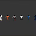 Men in Various Colored Spacesuits Standing on Gray Reflective Surface Area 3d model