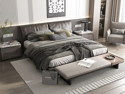 Double Bed With Leather Headboard Pillows And Blanket In Modern Bedroom With Nightstands And Wall Art 3d model