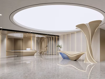 Modern Reception Area Interior Design With Circular Ceiling Y Shaped Structure And Blue Sofa 3d model