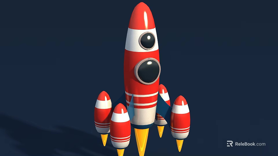Cartoon Rocket Design With Red White Stripes And Multiple Yellow Boosters 3d model