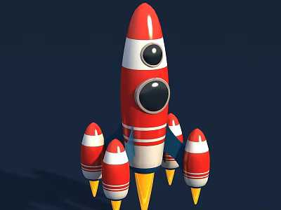 Cartoon Rocket Design With Red White Stripes And Multiple Yellow Boosters 3d model