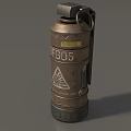 Military Weapon Grenade With Brown Body Yellow Caution Label And Metal Ring Handle