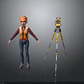 Construction Worker In Safety Helmet And Reflective Vest With Surveying Instrument On Tripod