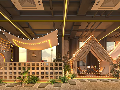 Chic Bar Interior With String Lights Cabana Plants And Stone Tiles 3d model
