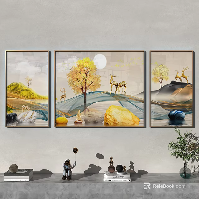 Three Panel Wall Art Featuring Deer Trees Moon Mountains Stones Wavy Lines On Light Wall 3d model