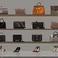 Stylish Handbags Collection In Various Colors On Wooden Shelves With High Heels Accent