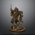 Bronze statue of man riding horse holding sword wearing hat and cloak on wooden base