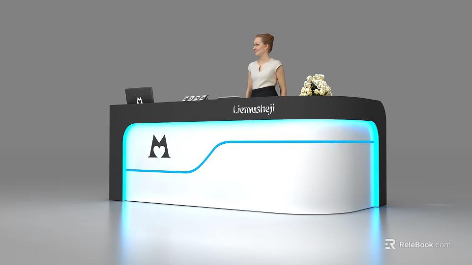 Modern Uonustaji Reception Desk With Blue LED Lighting Laptop White Flower Bouquet And Female Receptionist 3d model 