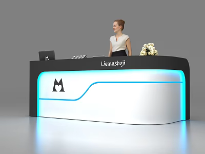 Modern Uonustaji Reception Desk With Blue LED Lighting Laptop White Flower Bouquet And Female Receptionist 3d model