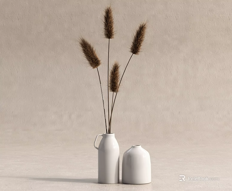 White Ceramic Vases With Dried Pampas Grass On Light Gray Background 3d model 