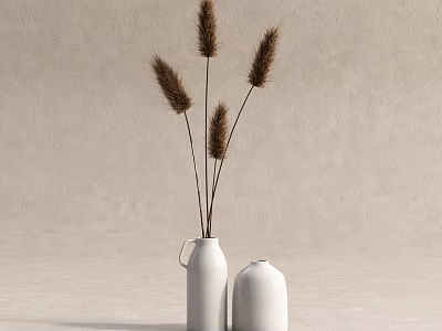 White Ceramic Vases With Dried Pampas Grass On Light Gray Background 3d model