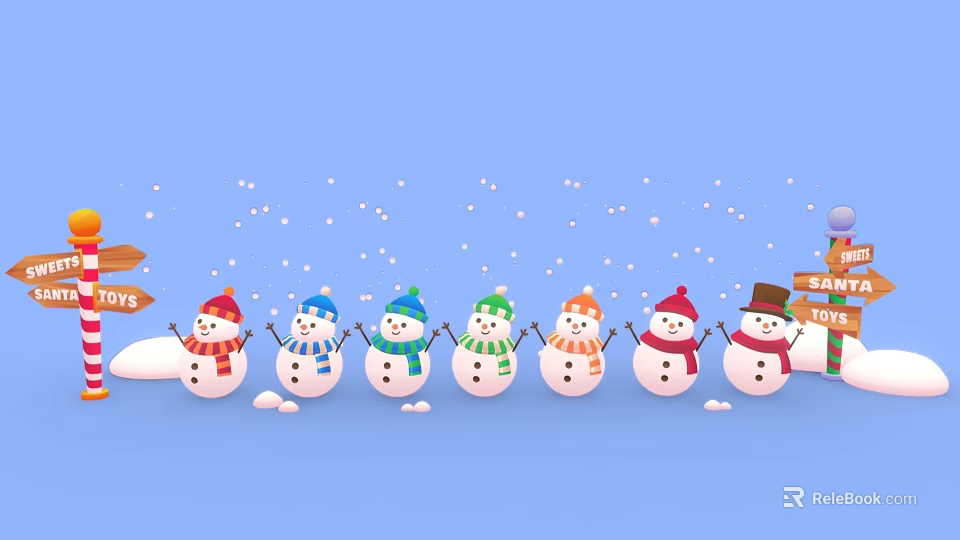 Colorful Snowmen With Scarves Hats On Blue Background And Falling Snowflakes Near Toy Shop Sign 3d model 