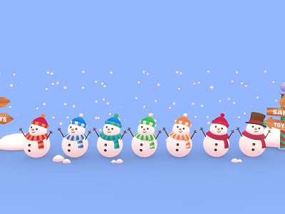 Colorful Snowmen With Scarves Hats On Blue Background And Falling Snowflakes Near Toy Shop Sign 3d model