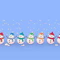 Colorful Snowmen With Scarves Hats On Blue Background And Falling Snowflakes Near Toy Shop Sign