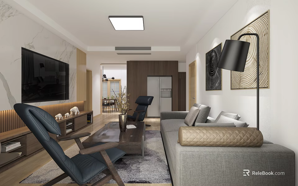 Modern Living Room Coffee Table with Dark Wood Frame Dark Blue Chairs and Gray Sofa 3d model 