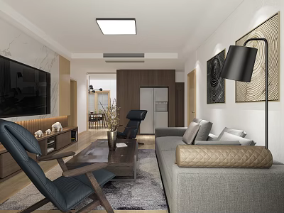 Modern Living Room Coffee Table with Dark Wood Frame Dark Blue Chairs and Gray Sofa 3d model