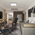 Modern Living Room Coffee Table with Dark Wood Frame Dark Blue Chairs and Gray Sofa