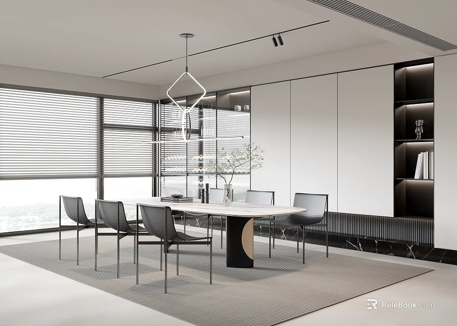 Modern Restaurant Interior With Dining Table Chairs Pendant Light And Large Windows 3d model 