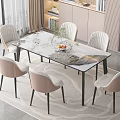 Modern Dining Table Set With Marble Top And Six Light Pink Arched Back Chairs 3d model