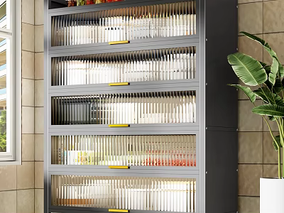 Gray Storage Cabinet with Transparent Glass Doors and Organized Items Inside in Modern Kitchen Setting 3d model