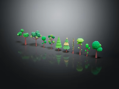 Cartoon Scene With Various Shaped Green Trees And Brown Trunks Showing Reflections 3d model