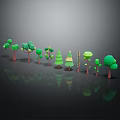 Cartoon Scene With Various Shaped Green Trees And Brown Trunks Showing Reflections