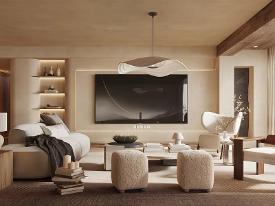 Modern Living Room Interior With Beige Sofa Large TV Wooden Ceiling And Unique Pendant Light 3d model