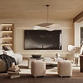 Modern Living Room Interior With Beige Sofa Large TV Wooden Ceiling And Unique Pendant Light