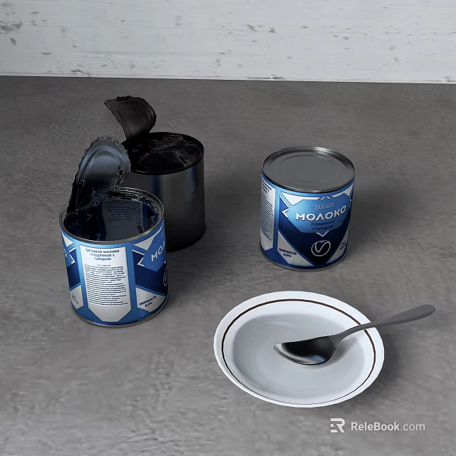 White Ceramic Plate With Spoon And Blue White Labeled Cans On Gray Surface 3d model