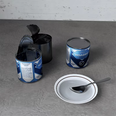 White Ceramic Plate With Spoon And Blue White Labeled Cans On Gray Surface 3d model