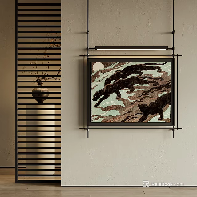 Abstract Painting With Black Panthers Running On Mountain Textures And Moon Elements 3d model