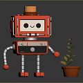 Red Robot With Smiling Face And Metal Arms Next To Potted Green Leaf Plant