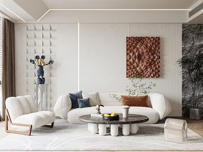 Modern Living Room Interior Design With Curved Sofa Round Coffee Table And Textured Wall Art 3d model