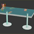 Blue Table with Silver Metal Legs Condiment Holder and Menu Tags on Tabletop